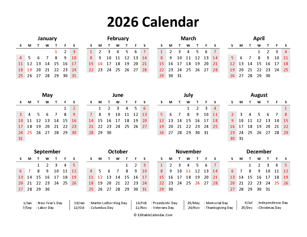 Printable Fillable Calendar 2026