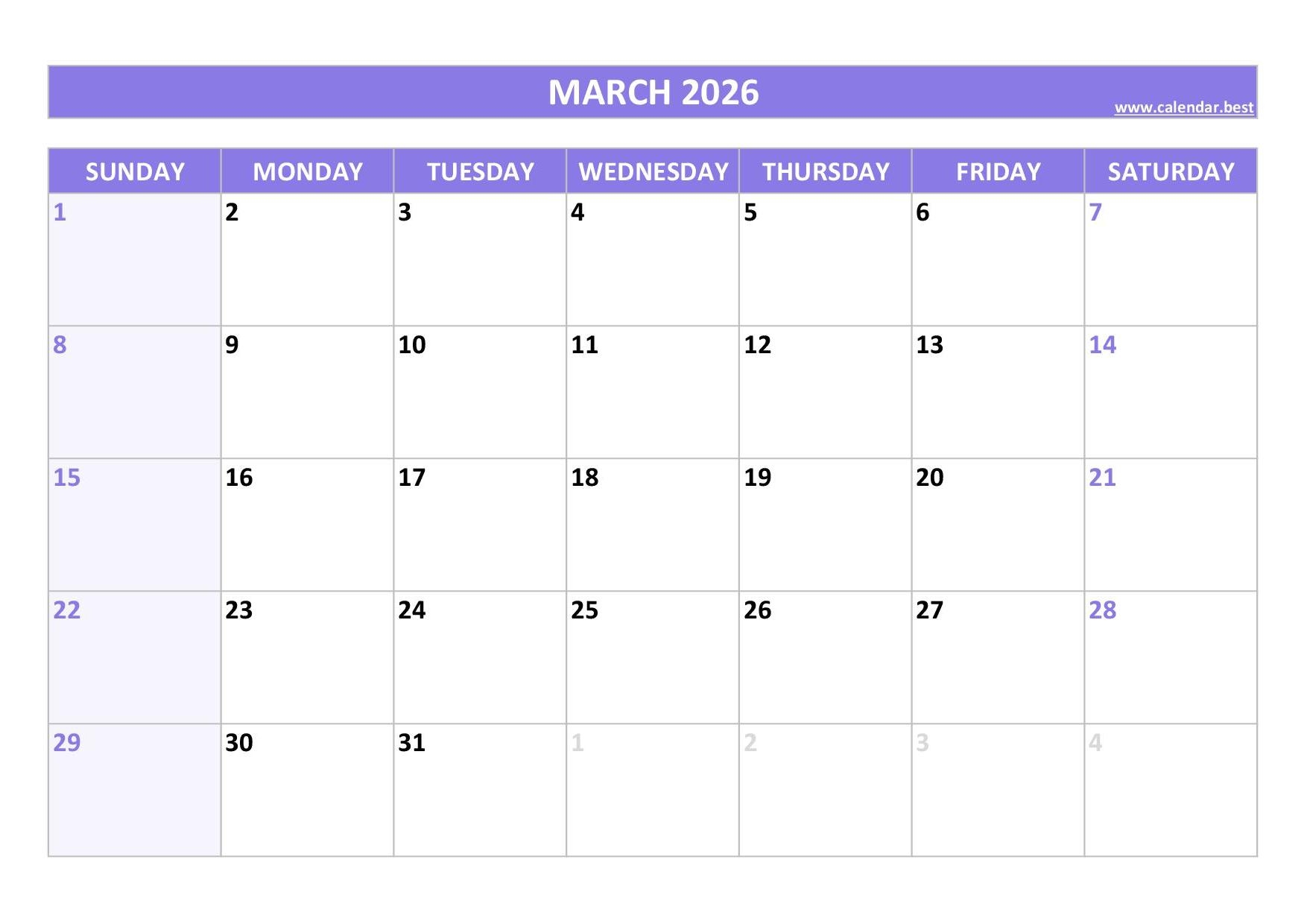 Blank Calendar 2026 March Printable