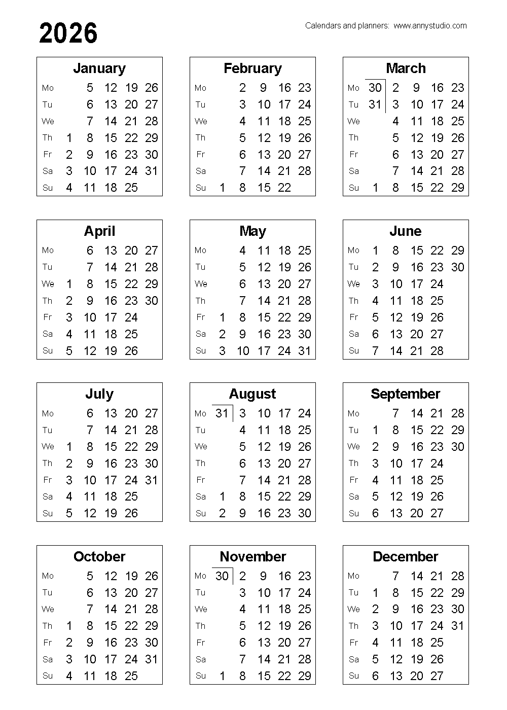 Small Printable Calendar 2026