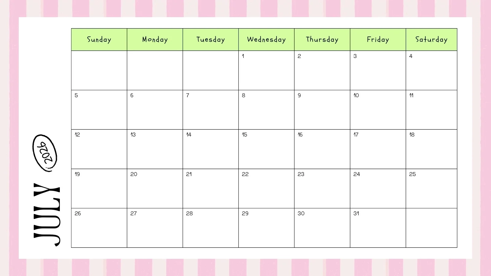 July Monthly Calendar Printable
