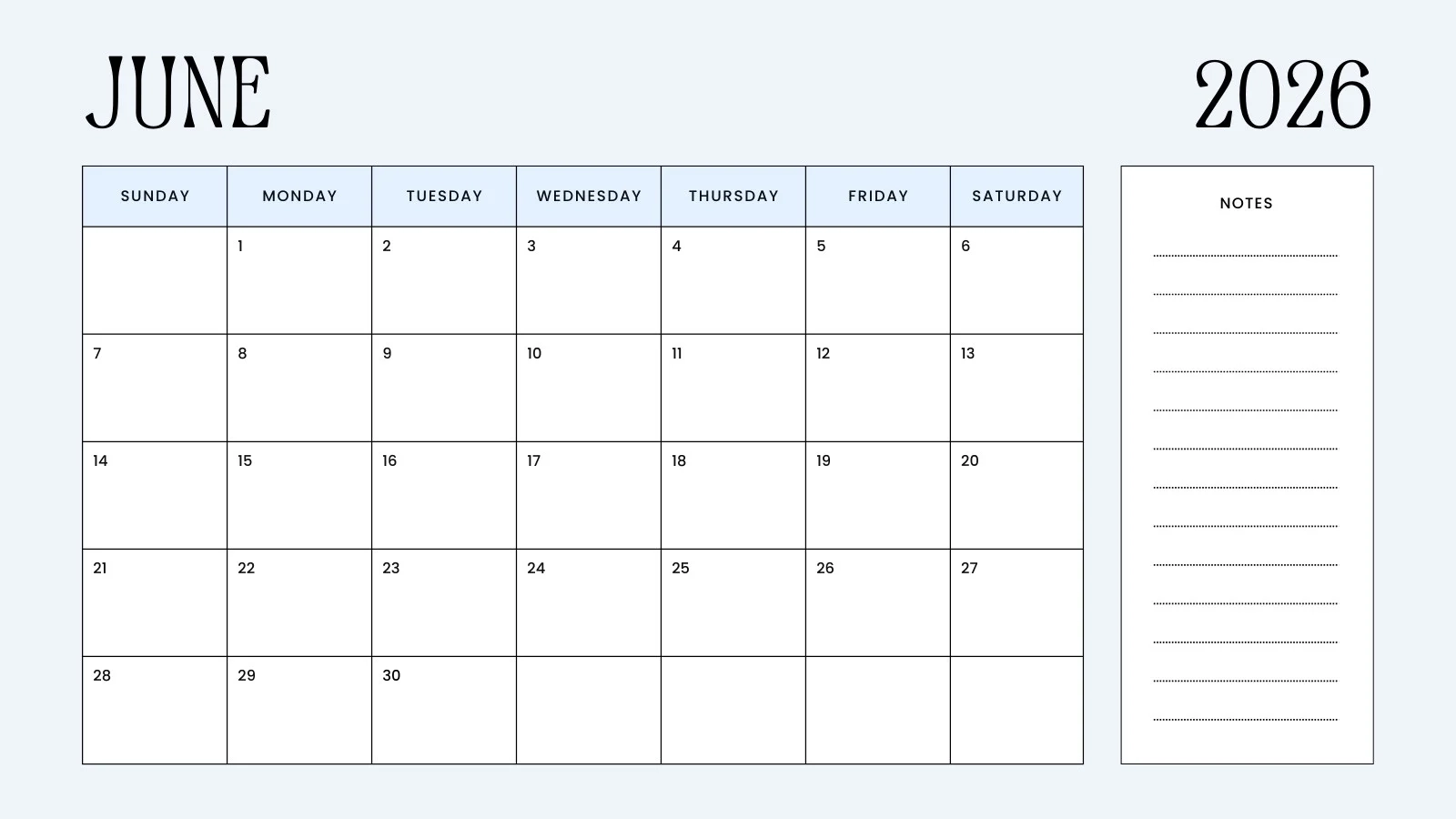 Blank Calendar For June 2026 Editable