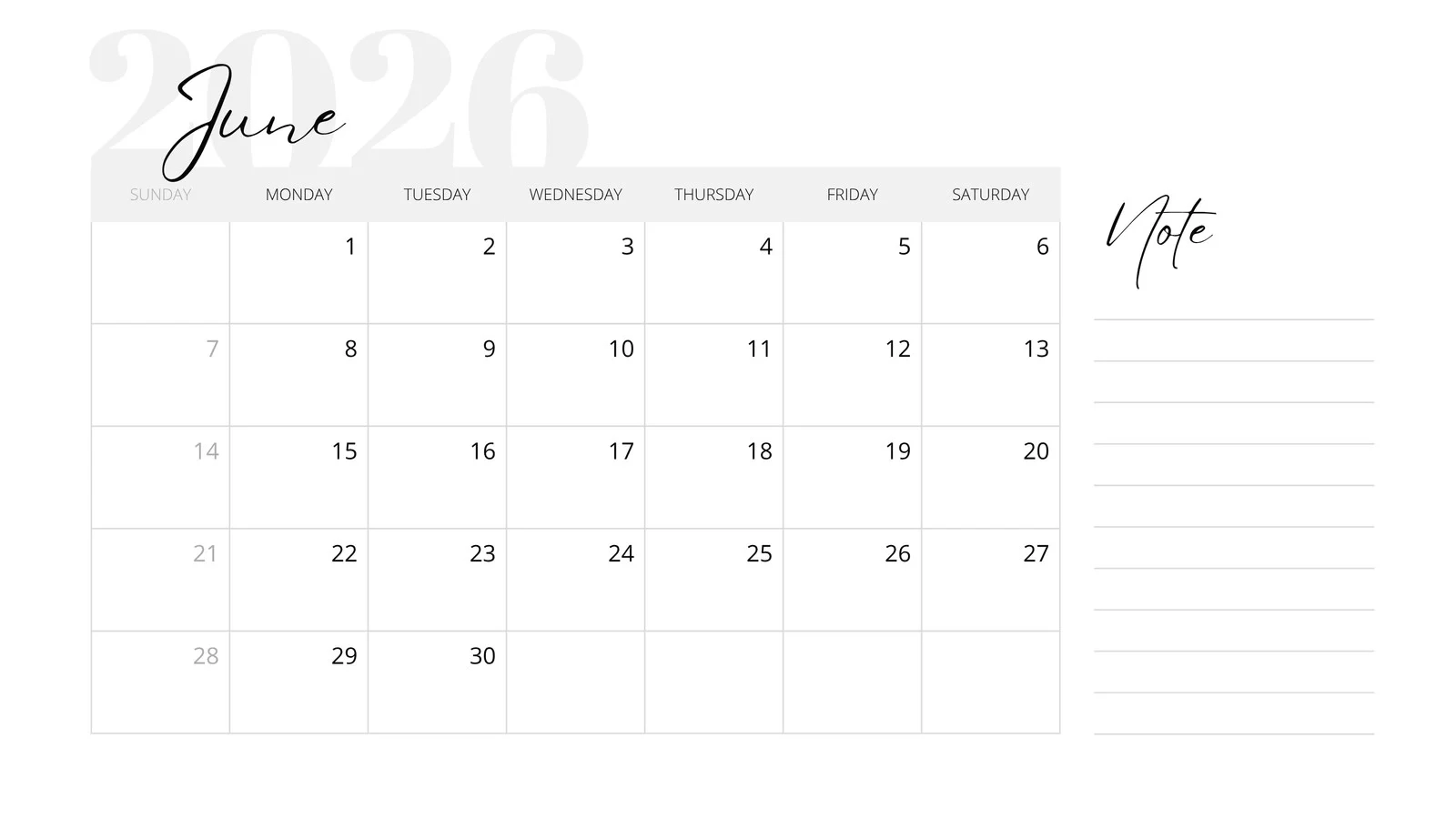 June 2026 Printable Blank Calendar