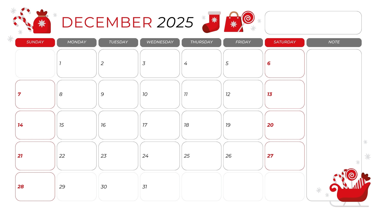 Printable December Simple Calendar