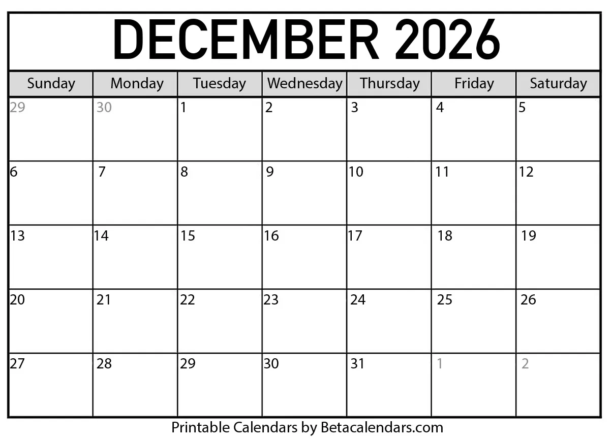 2026 Printable Christmas December Calendar Free