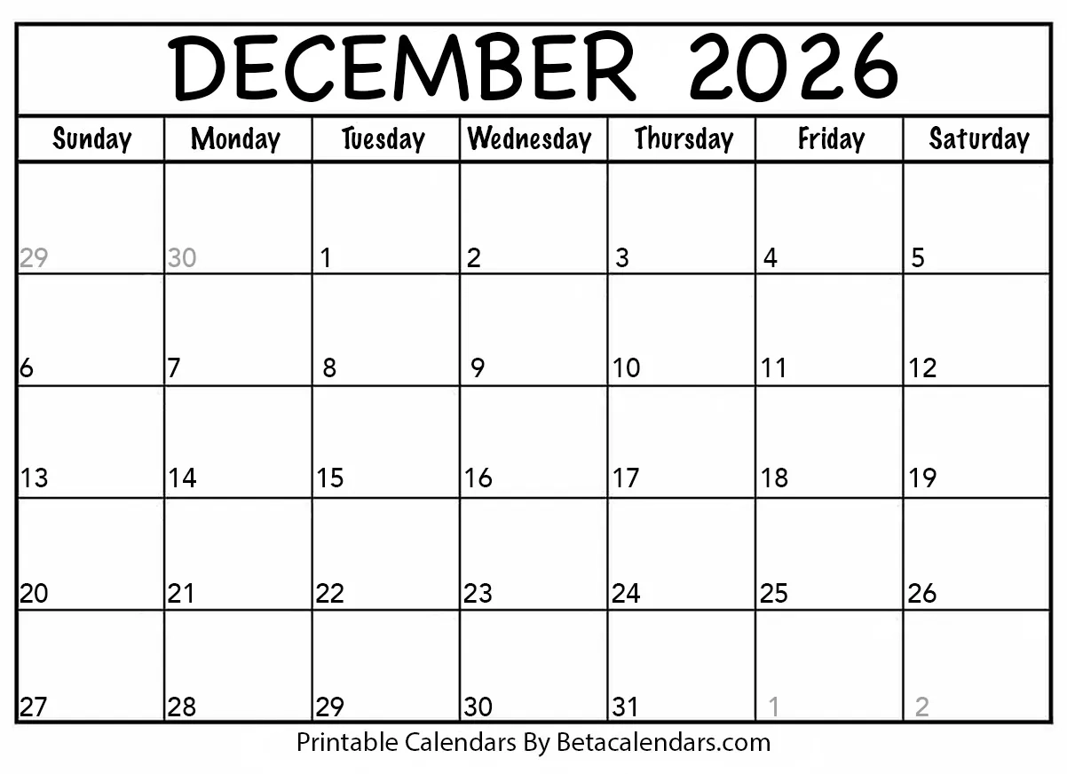 Free Printable December 2026 Calendar
