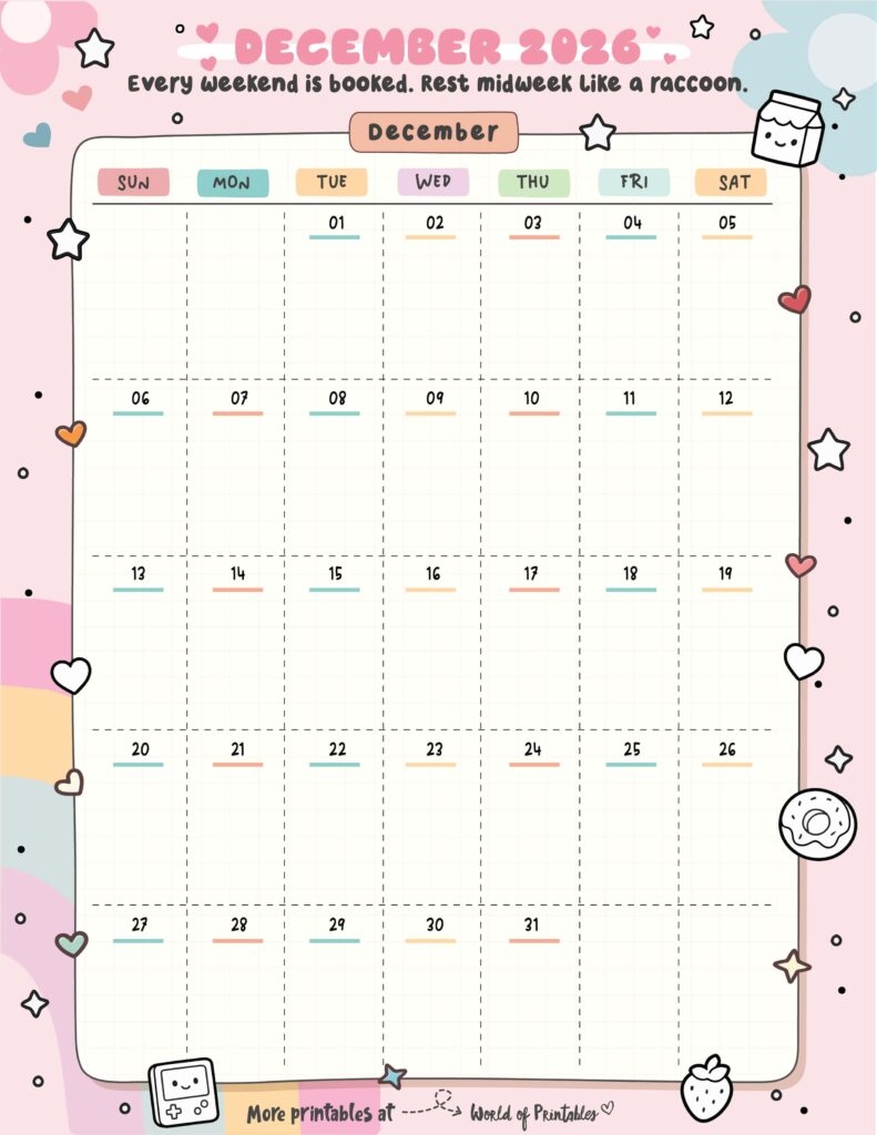 Free Printable December 2026 Calendars 200 Designs World Of 