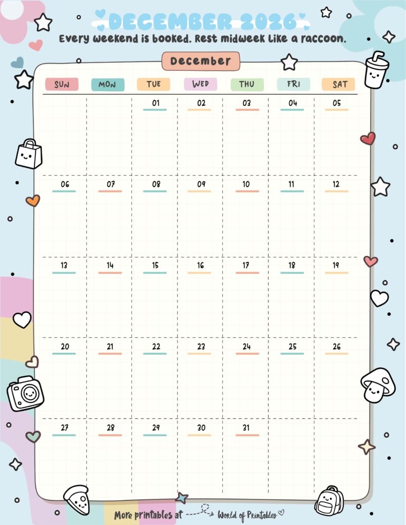 December 2026 Printable Calendar Kids Activities