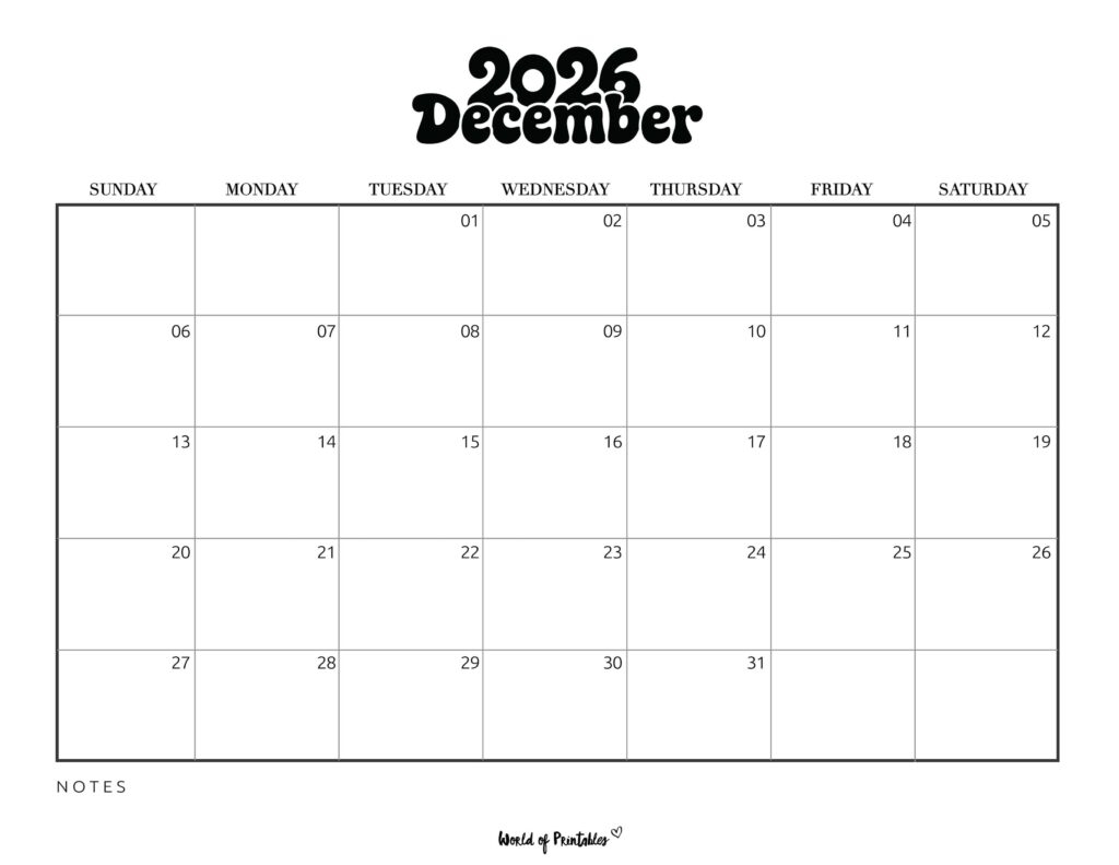 Free Printable December 2026 Calendars 200 Designs World Of 