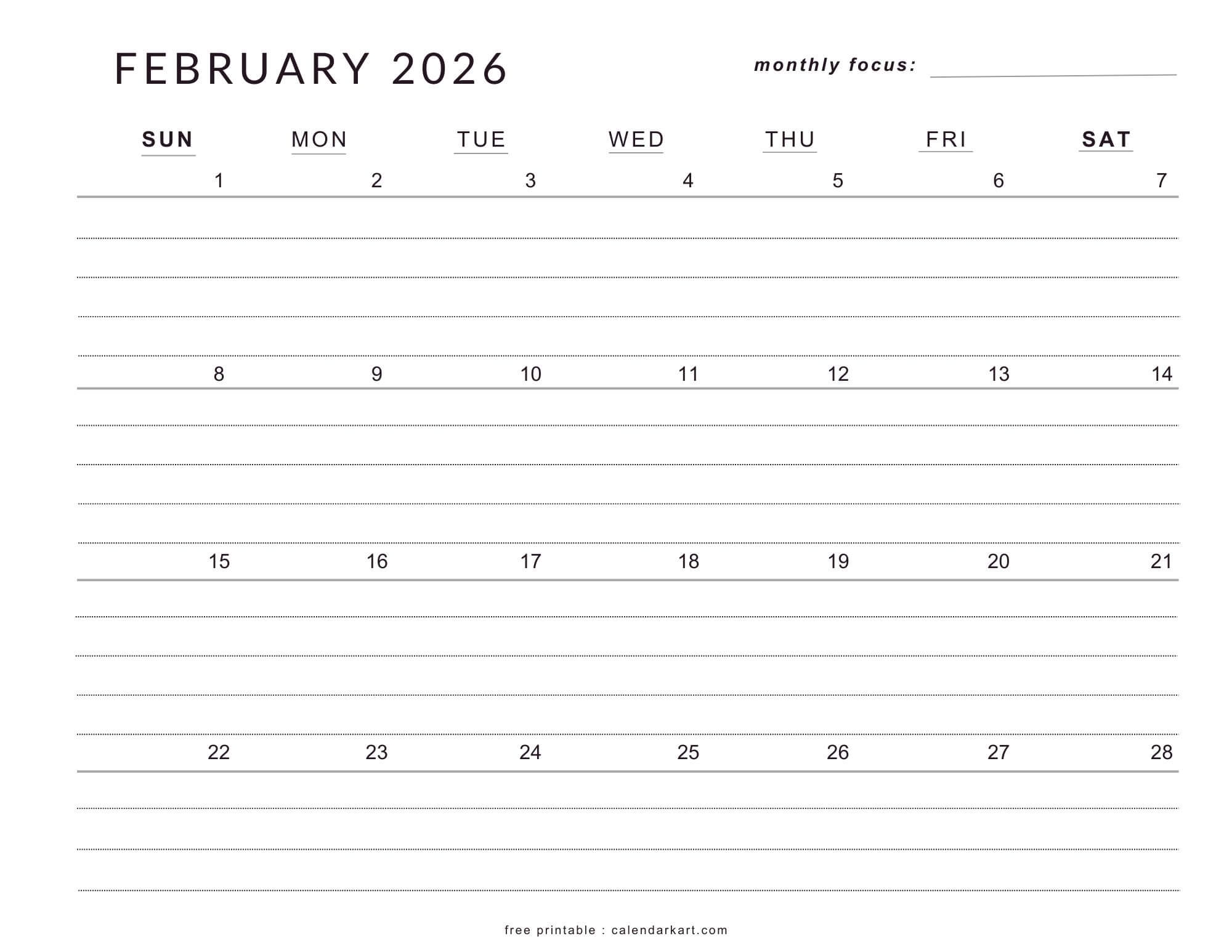 Free Printable February 2026 Calendar PDF Templates