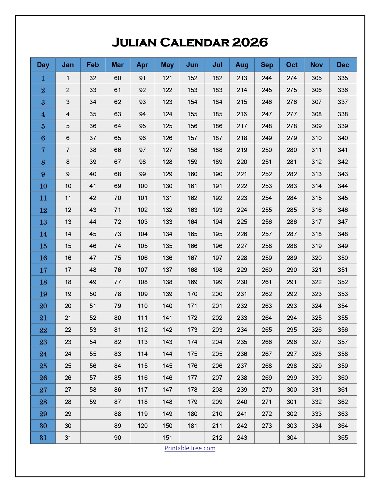 Free Printable Julian Date Calendars For 2026 PDF Templates