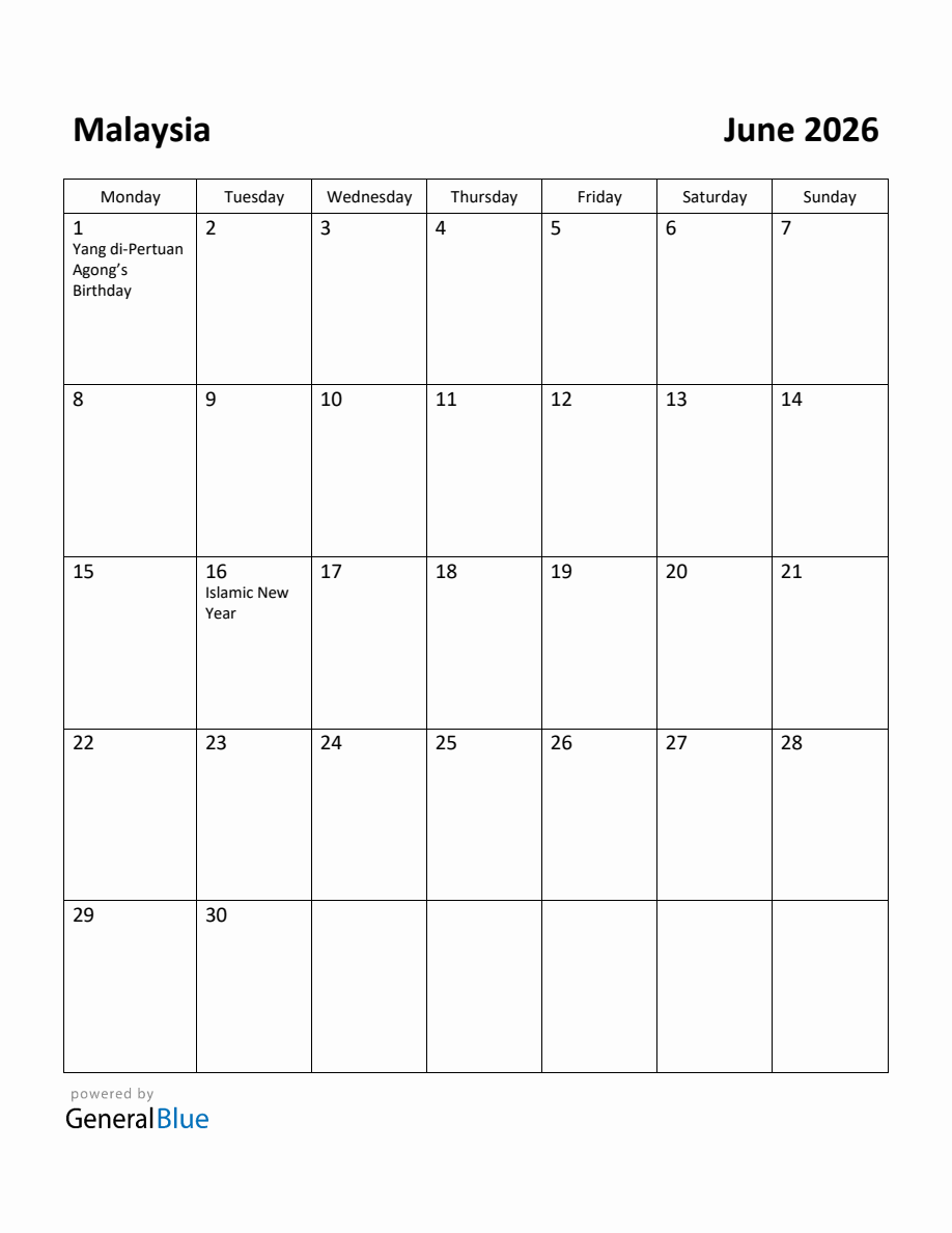 Free Printable June 2026 Calendar For Malaysia Monday Start 