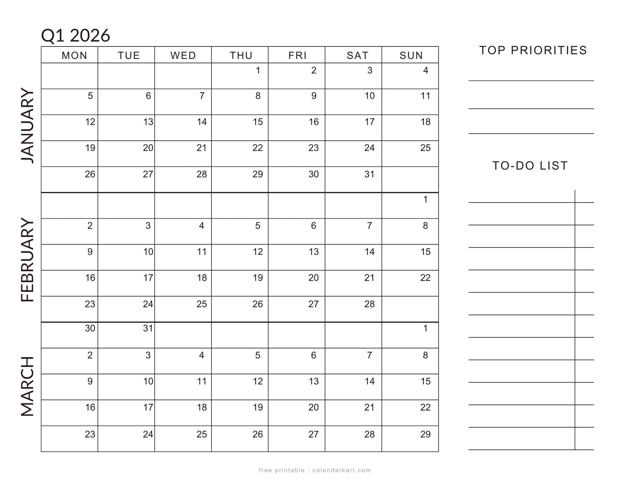 Blank Printable Calendar Start Monday 2026