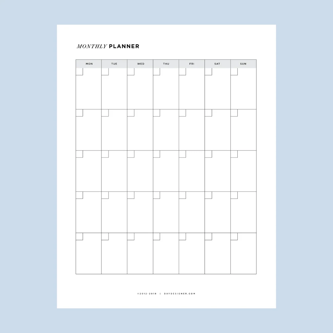 Monthly Blank Calendar Printable Sheet