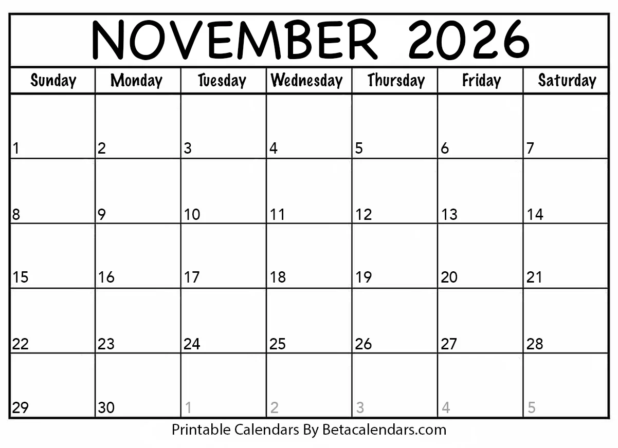 Free Printable November 2026 Calendar