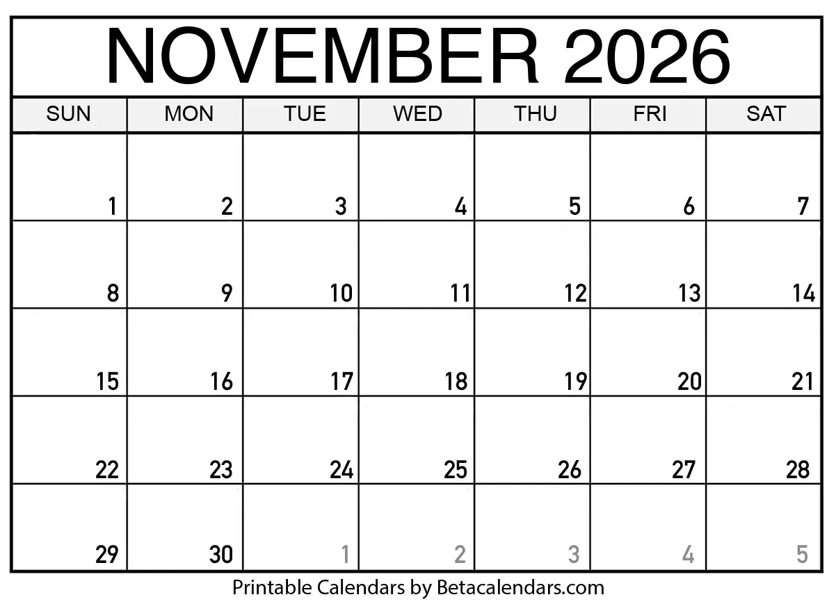Free Printable November 2026 Calendar