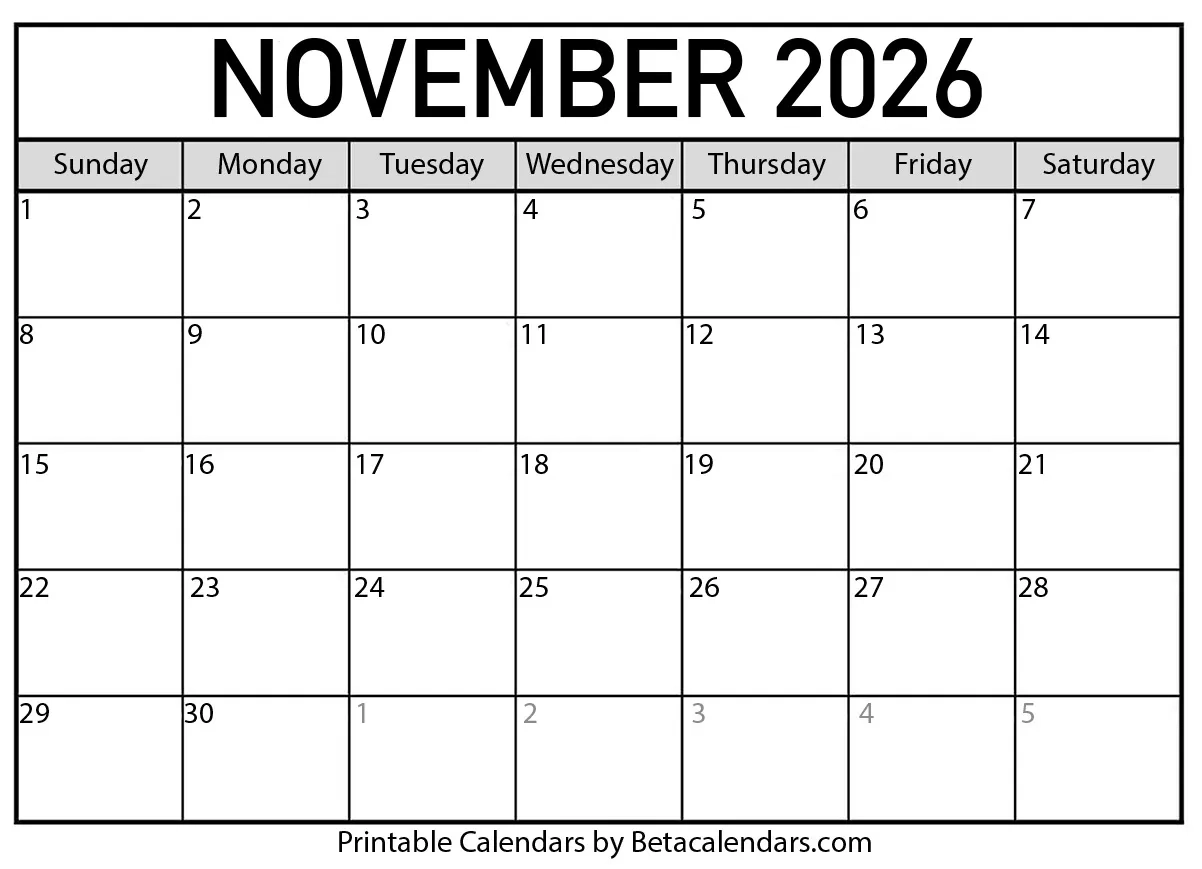 Free Printable November 2026 Calendar