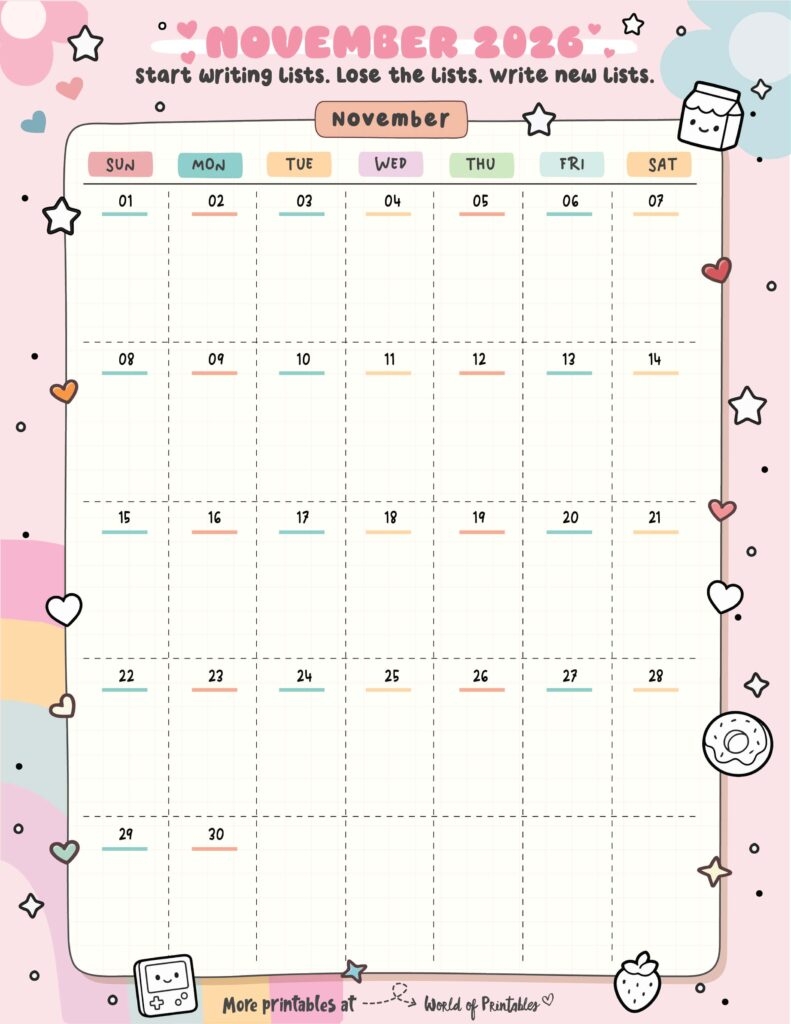 November 2026 Cute Landscape Calendar Printable