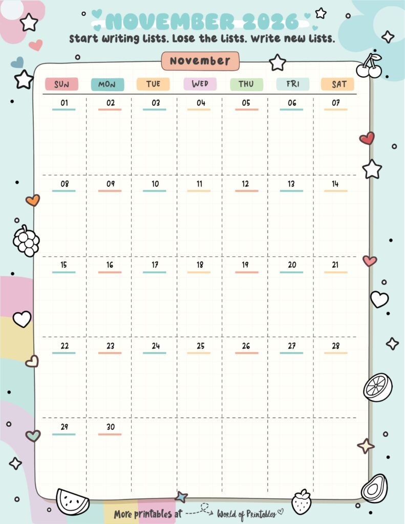 Free Printable November 2026 Calendars 200 Designs World Of 