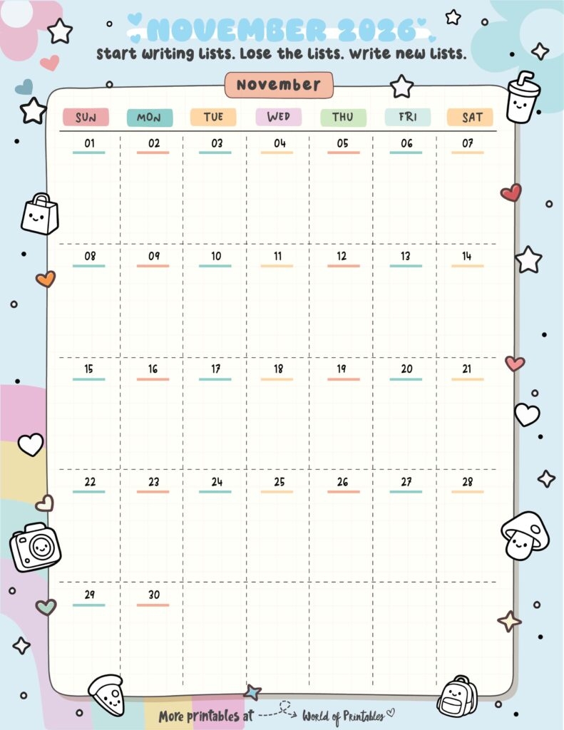 Free Printable November 2026 Weekday Calendar