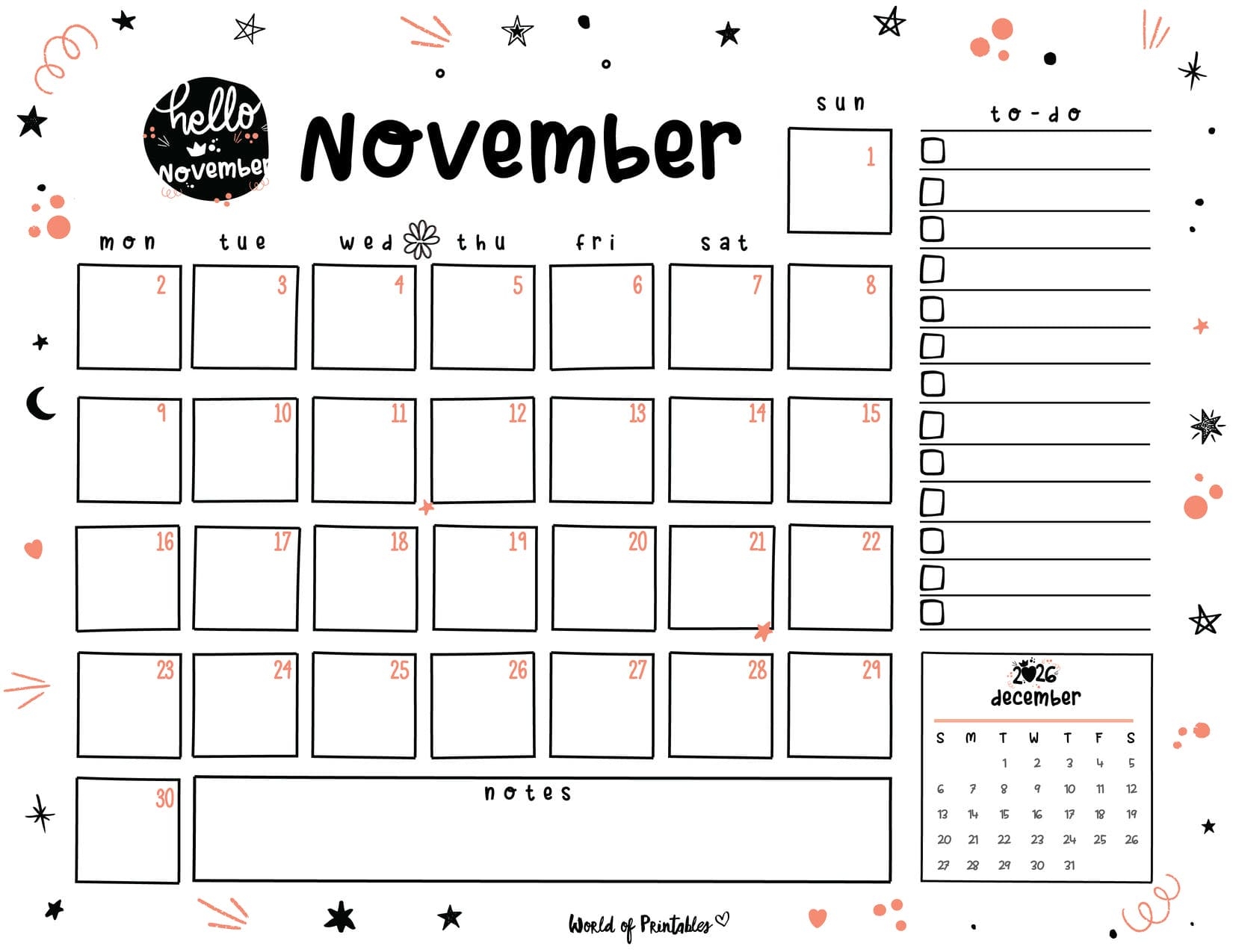 November 2026 Calendar Printable Landscape