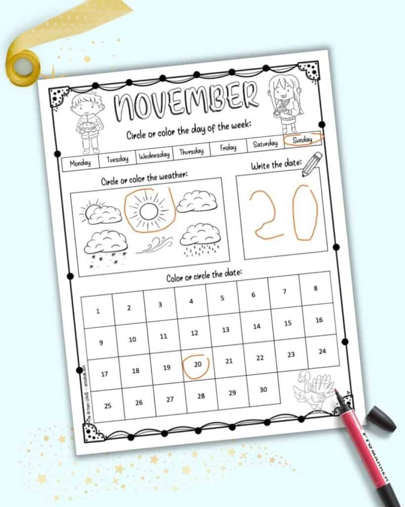 November Calendar For Kids Printable