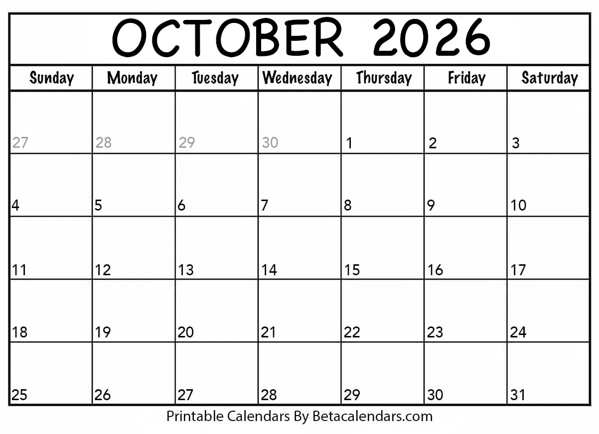 Free Printable October 2026 Calendar