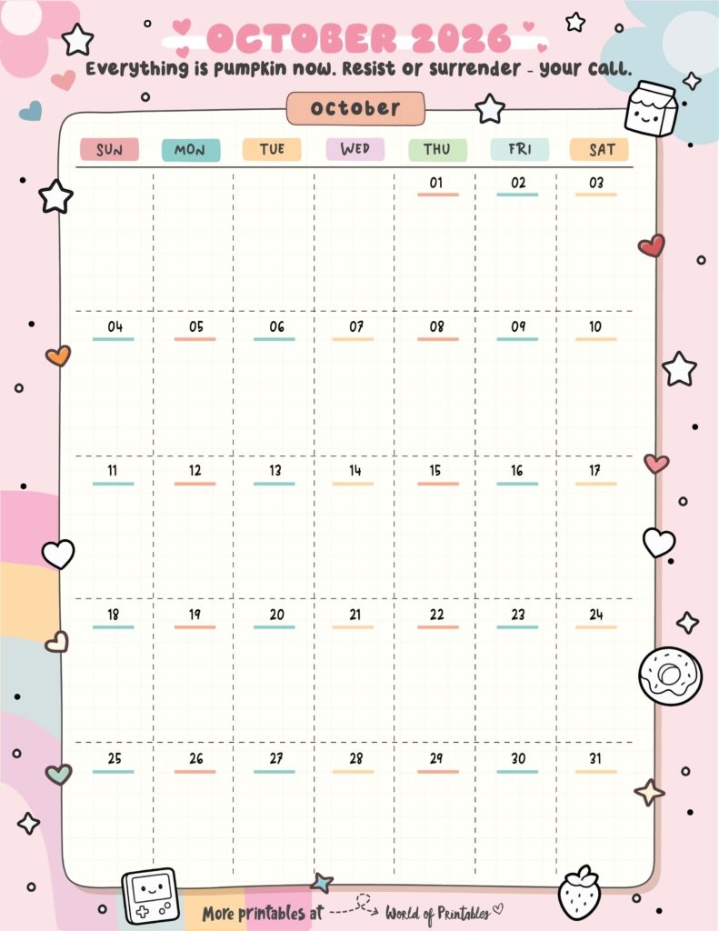 Blank October 2026 Calendar With Lines
