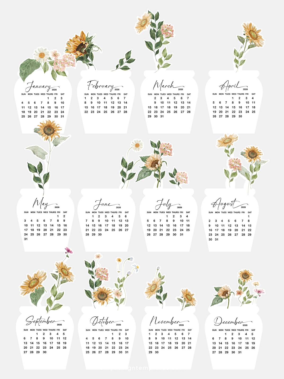 FREE Printable Sunflower Desk Calendar 2026 Instantly Download 