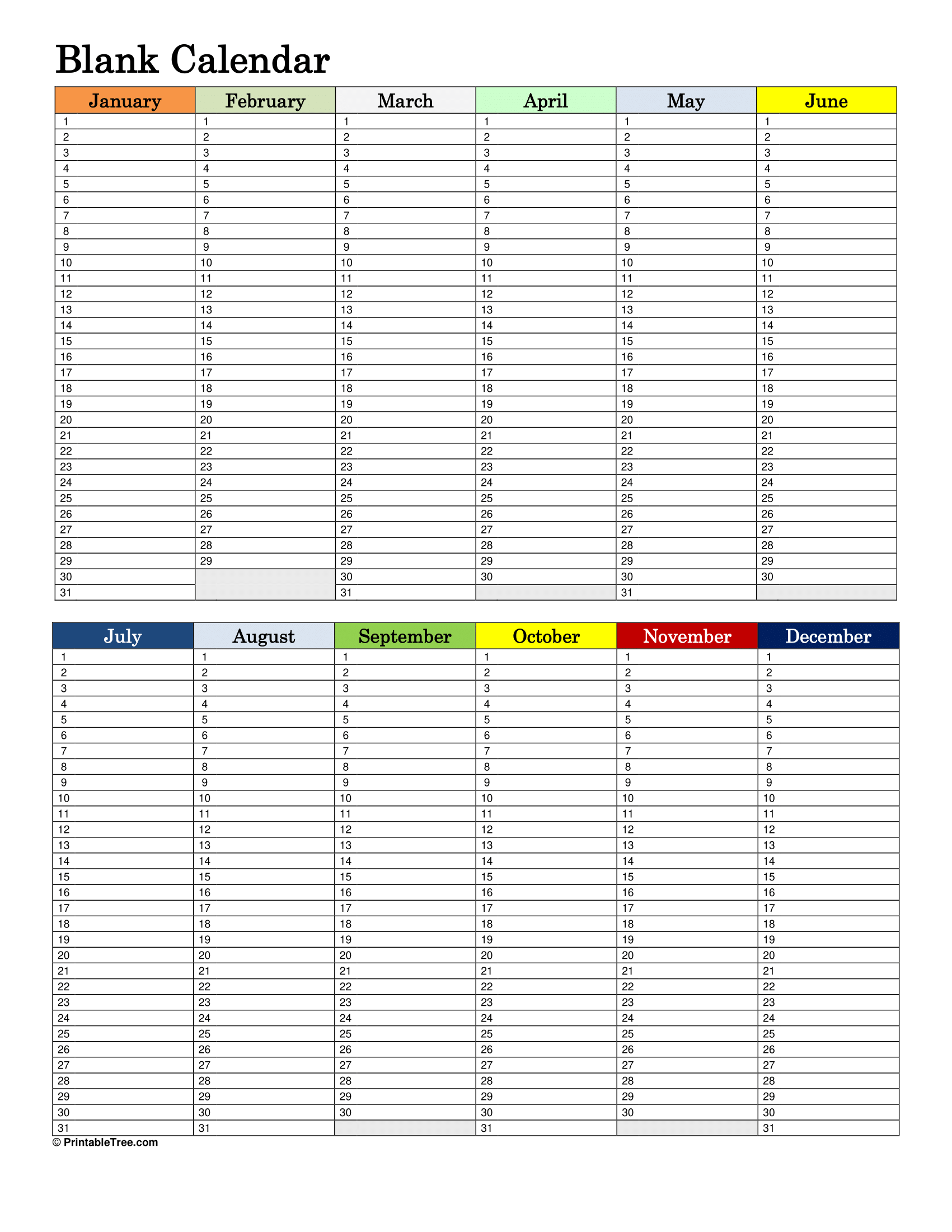 Free Printable Yearly 2026 Blank Calendar Templates PDF 