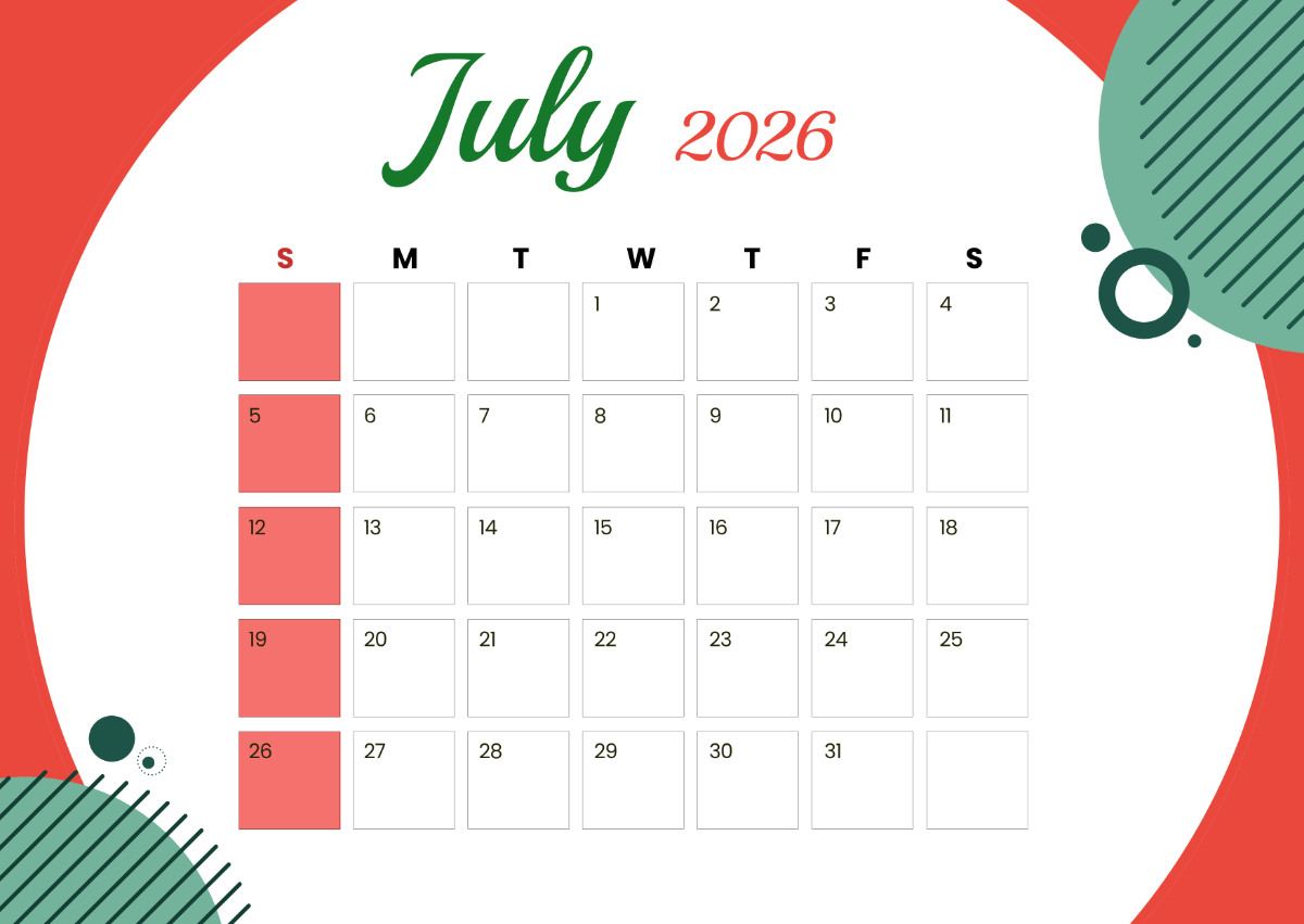 Blank July Calendar 2026 Editable