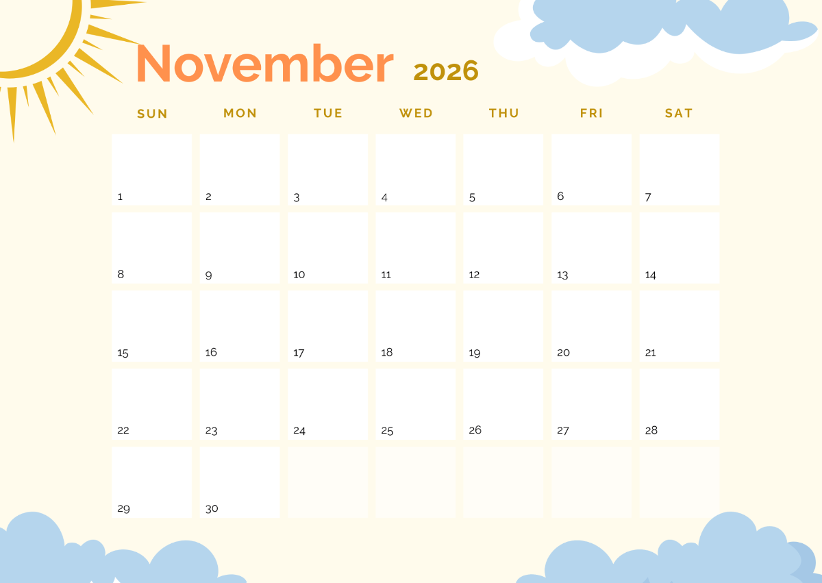 Free Sunday Start November 2026 Calendar Template To Edit Online