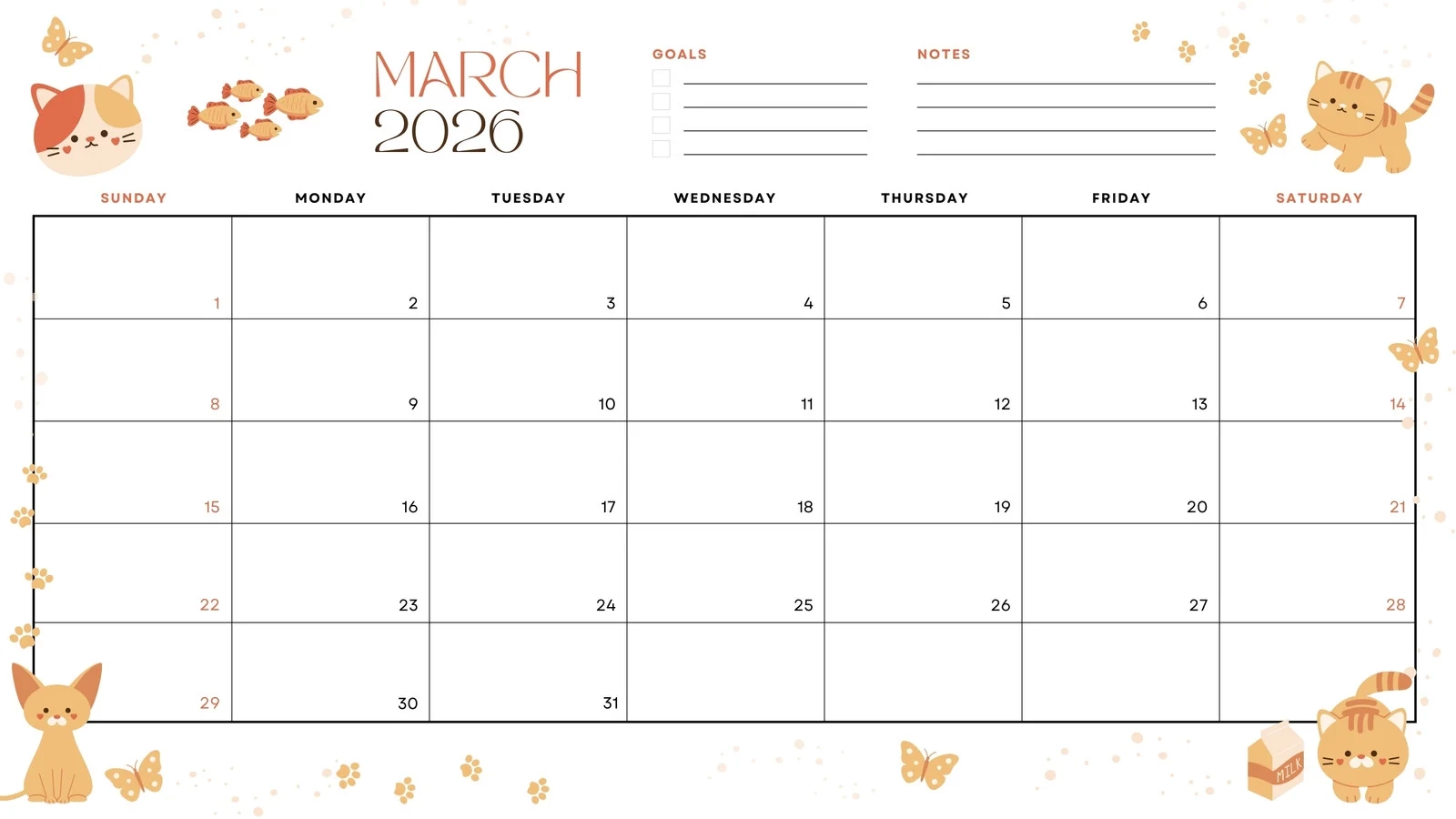 March 2026 Calendar Printable Free Blank