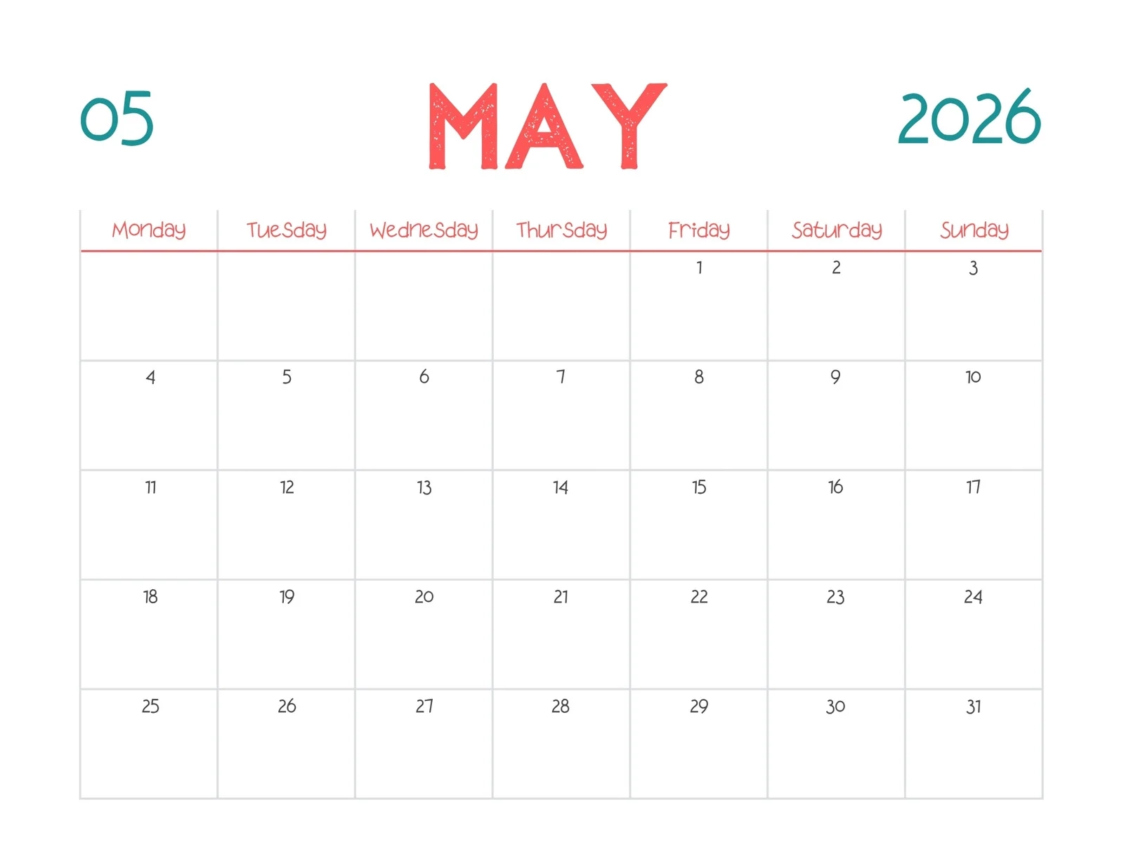May Calendar Planner