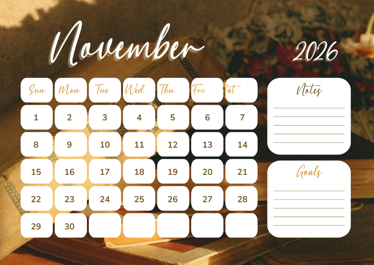 Free Vintage November 2026 Calendar Template To Edit Online