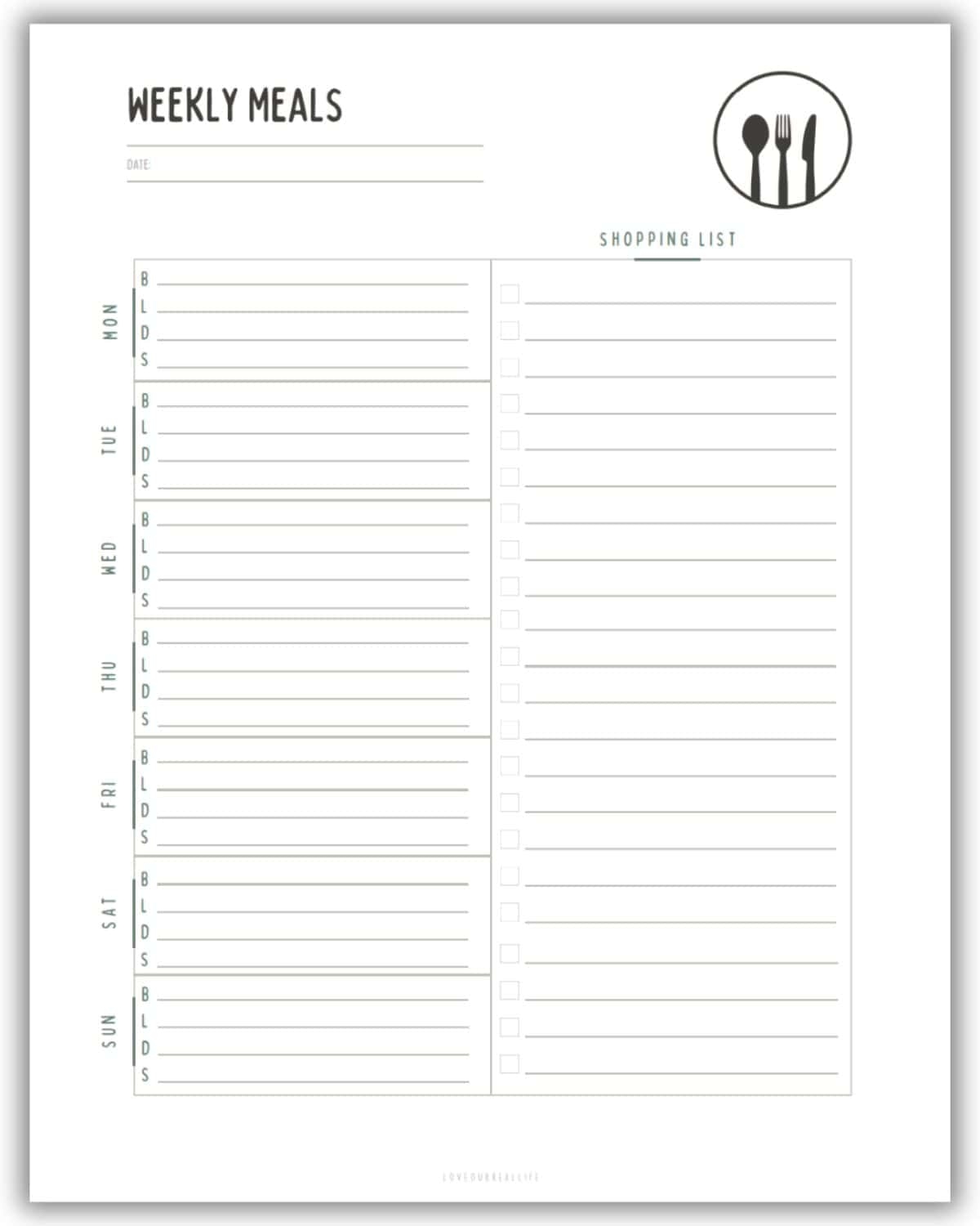 Blank Printable Meal Calendar
