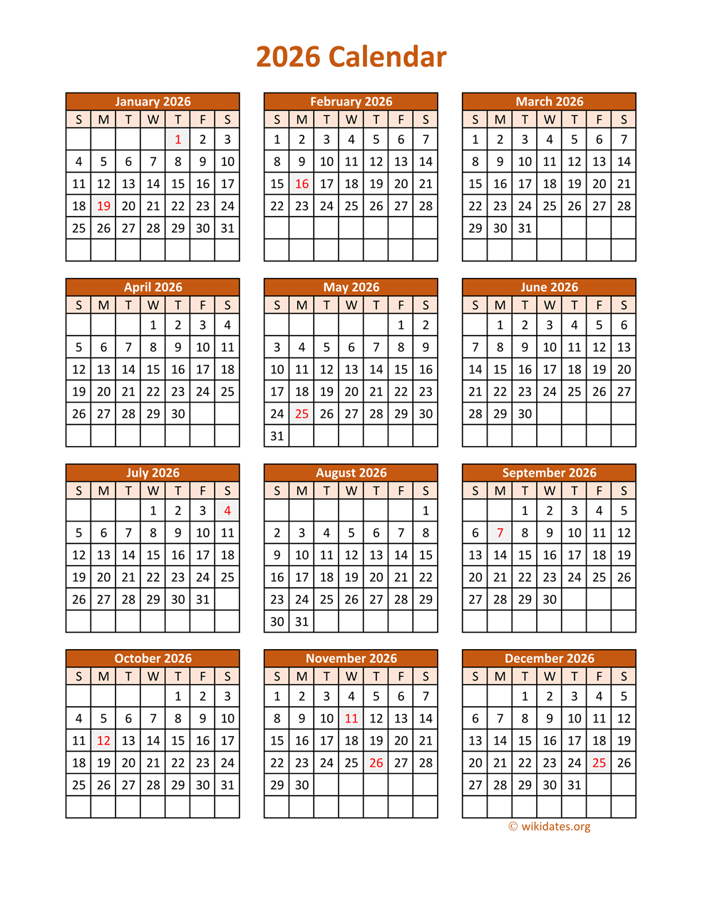 One Page 2026 Calendar Printable With Holidays