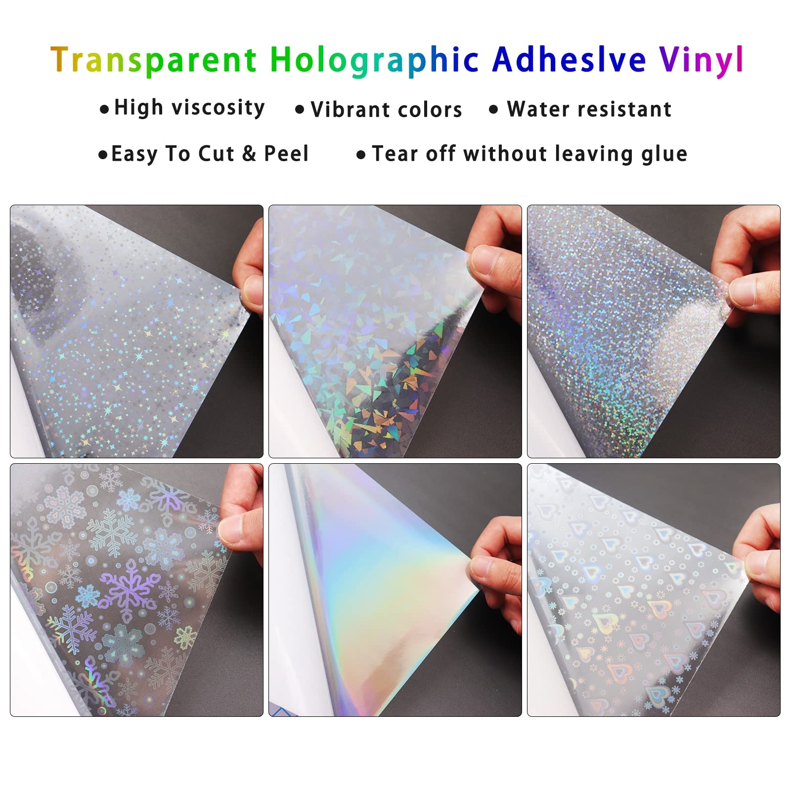 Gearific 30 Sheets Transparent Holographic Overlay Lamination Glitter Vinyl Sticker Paper A4 Size Self Adhesive Permanent Vinyl Sheets 6 Patterns 