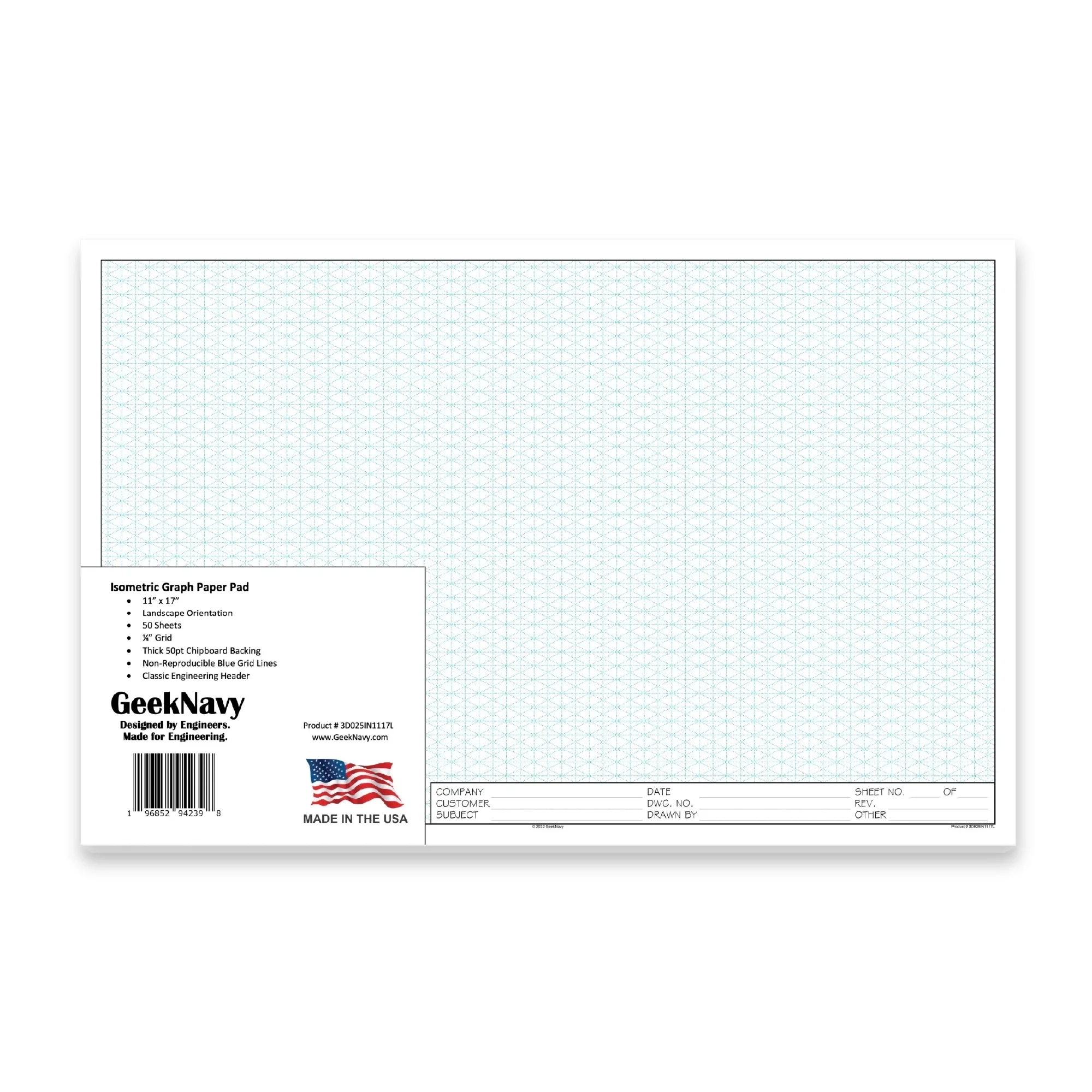 GeekNavy Isometric Grid Graph Paper Pad 11 X 17 Landscape 1 Pack