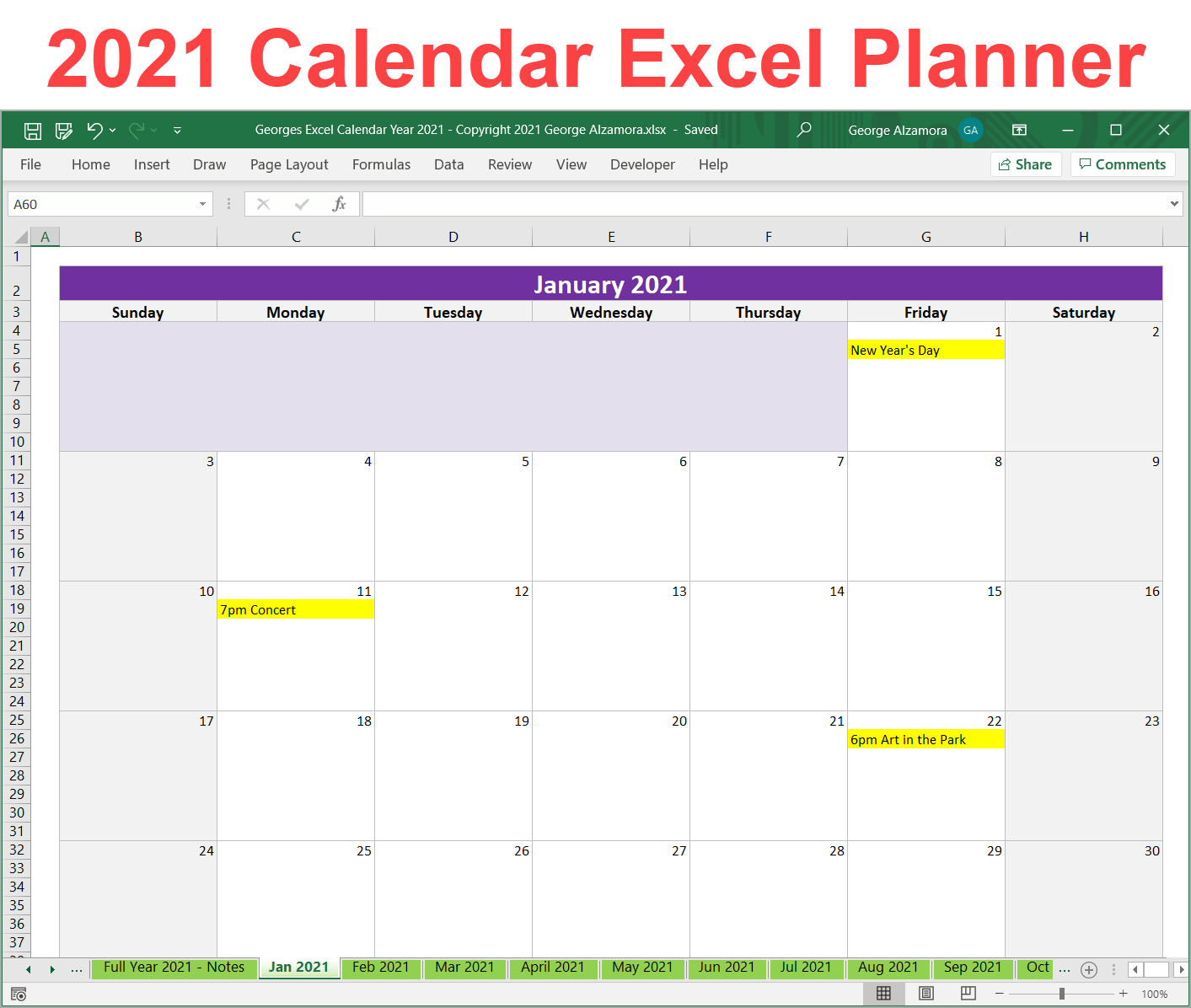 Georges Excel Calendar Year 2021