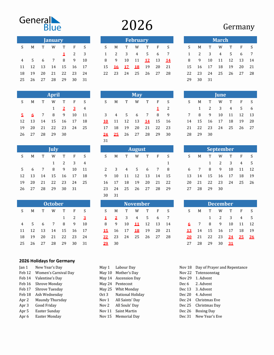 Germany 2026 Calendar With Holidays