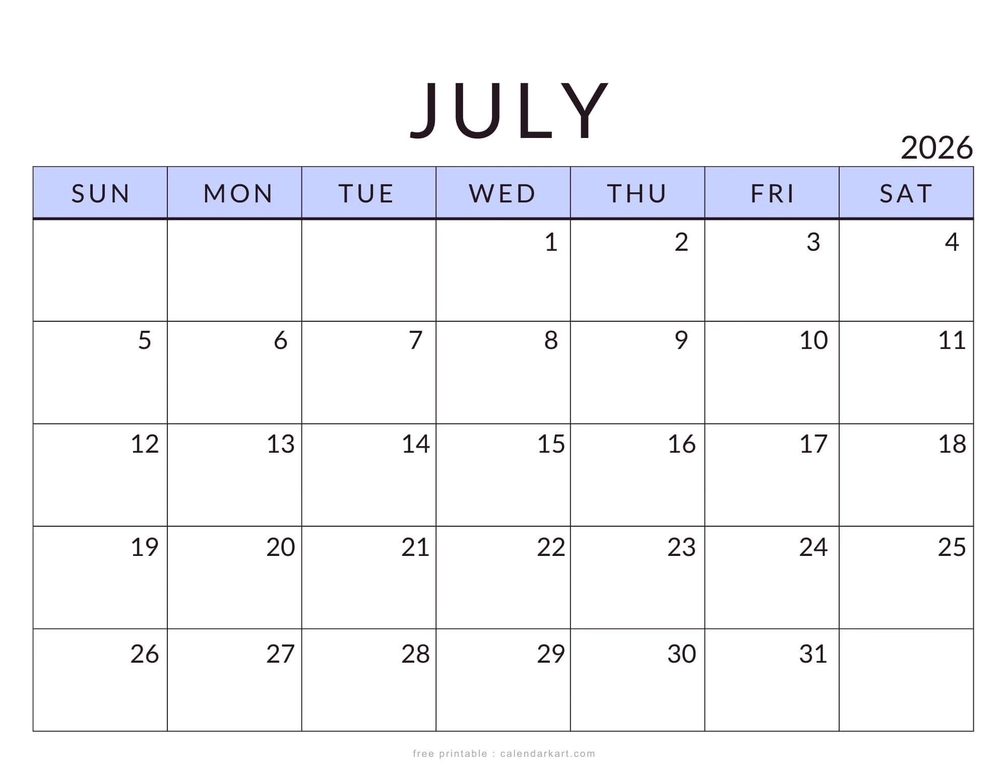 Get Free Printable July 2026 Calendar CalendarKart