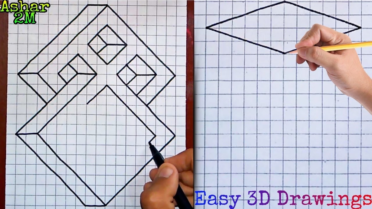 Graph Paper Drawings How To Draw 3D On Graph Paper 3D Easy Drawings On Grid Graph Paper