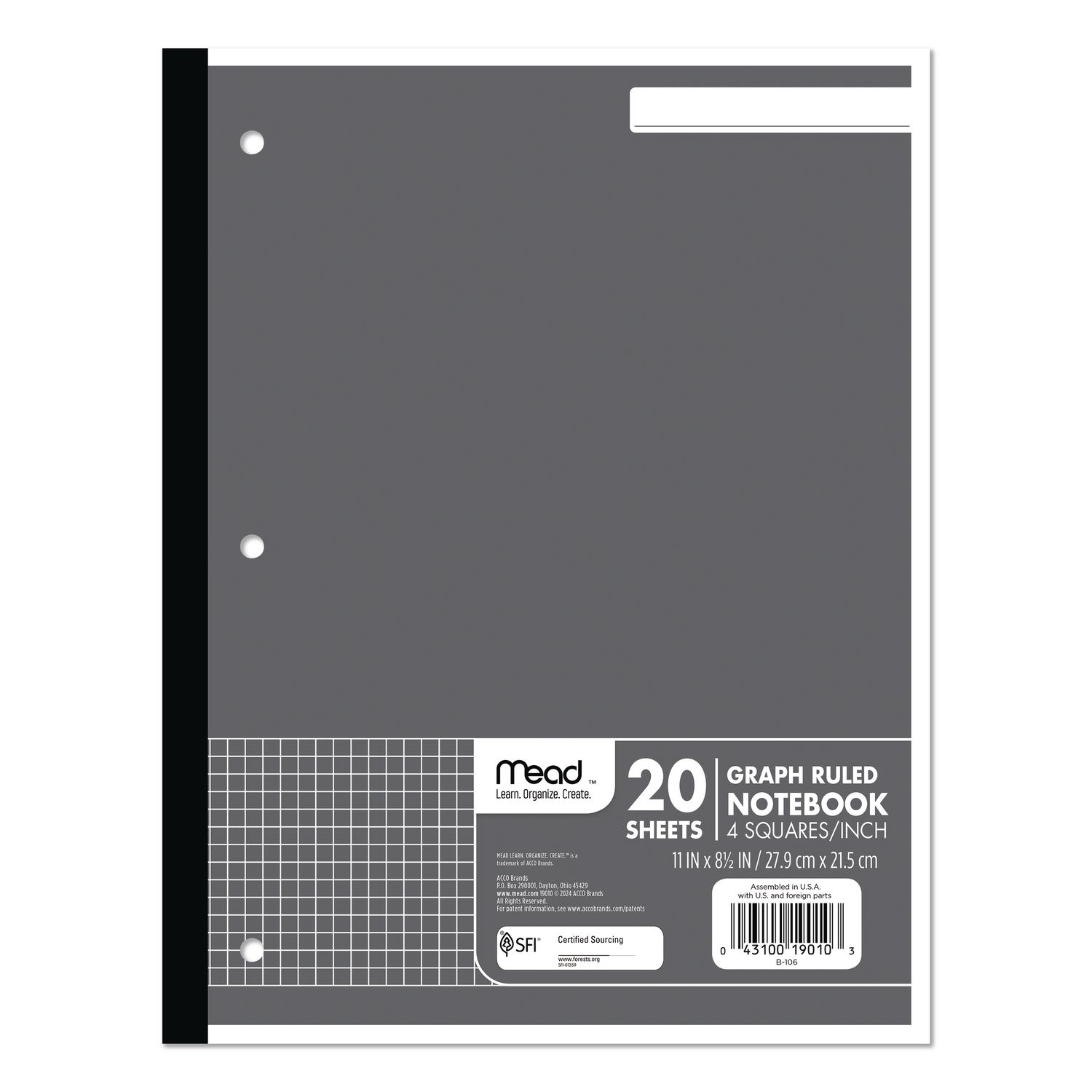 Graph Paper Tablet 3 Hole 8 5 X 11 Quadrille 4 Sq in 20 