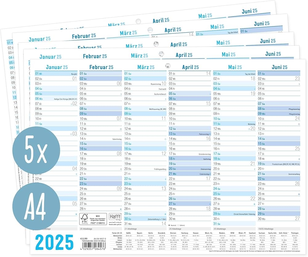 H fft 5 X Blackboard Calendar 2025 A4 Landscape Blue Year 