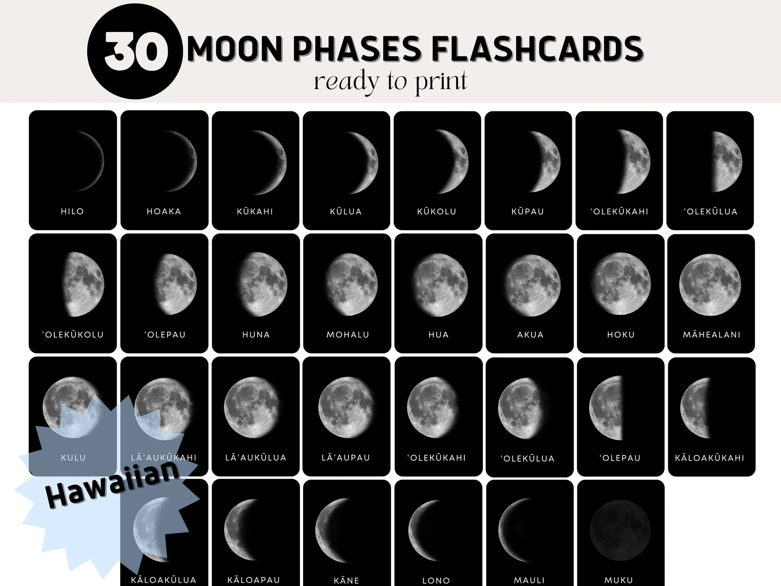 Hawaiian Moon Phases Printable Flashcards Hawaiian Lunar Month 
