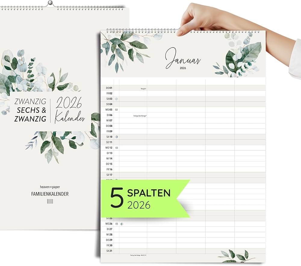 Heaven paper Family Planner 2026 Wall Calendar 2026 A3 With 5 Columns Made In Germany With 12 Pages 2026 Year Planner With Bank Holidays And 