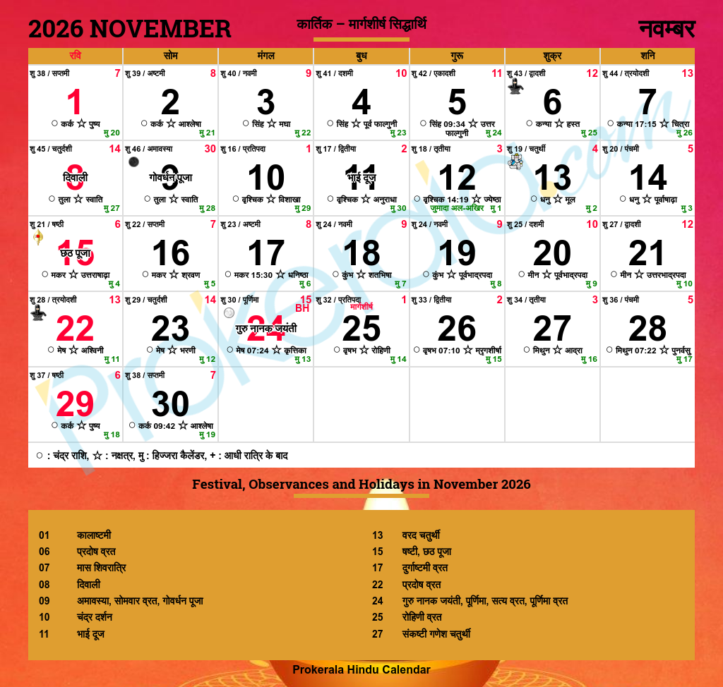 Hindu Calendar 2026 November