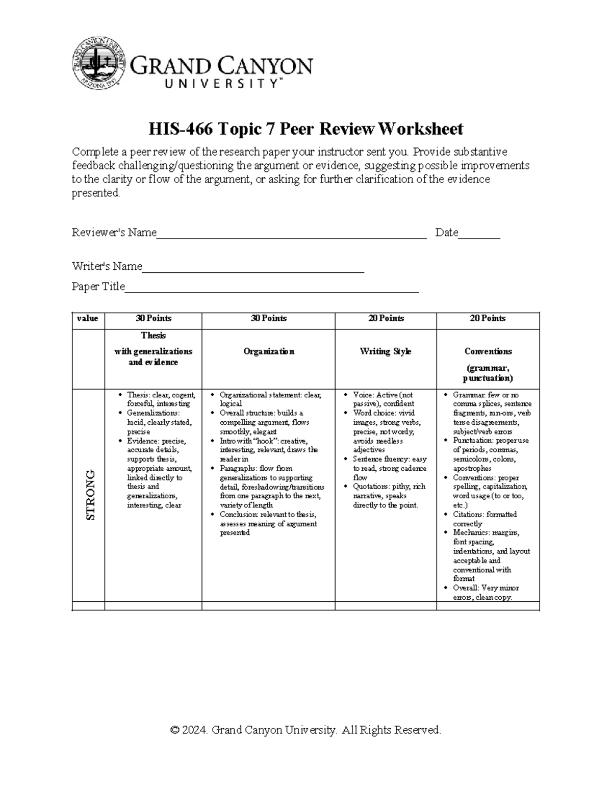 HIS 466 T7 Peer Review Worksheet For Research Paper Evaluation 