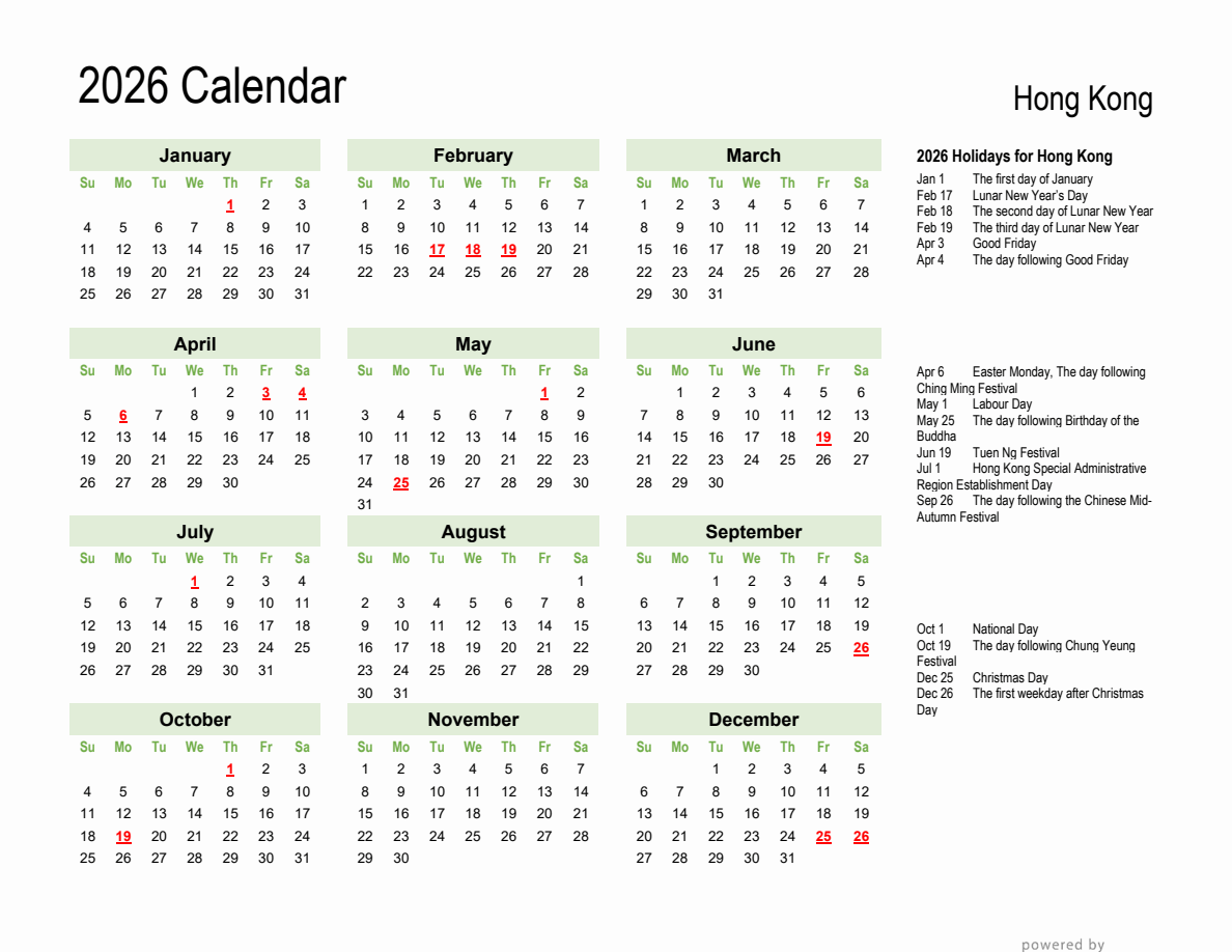 Holiday Calendar 2026 For Hong Kong