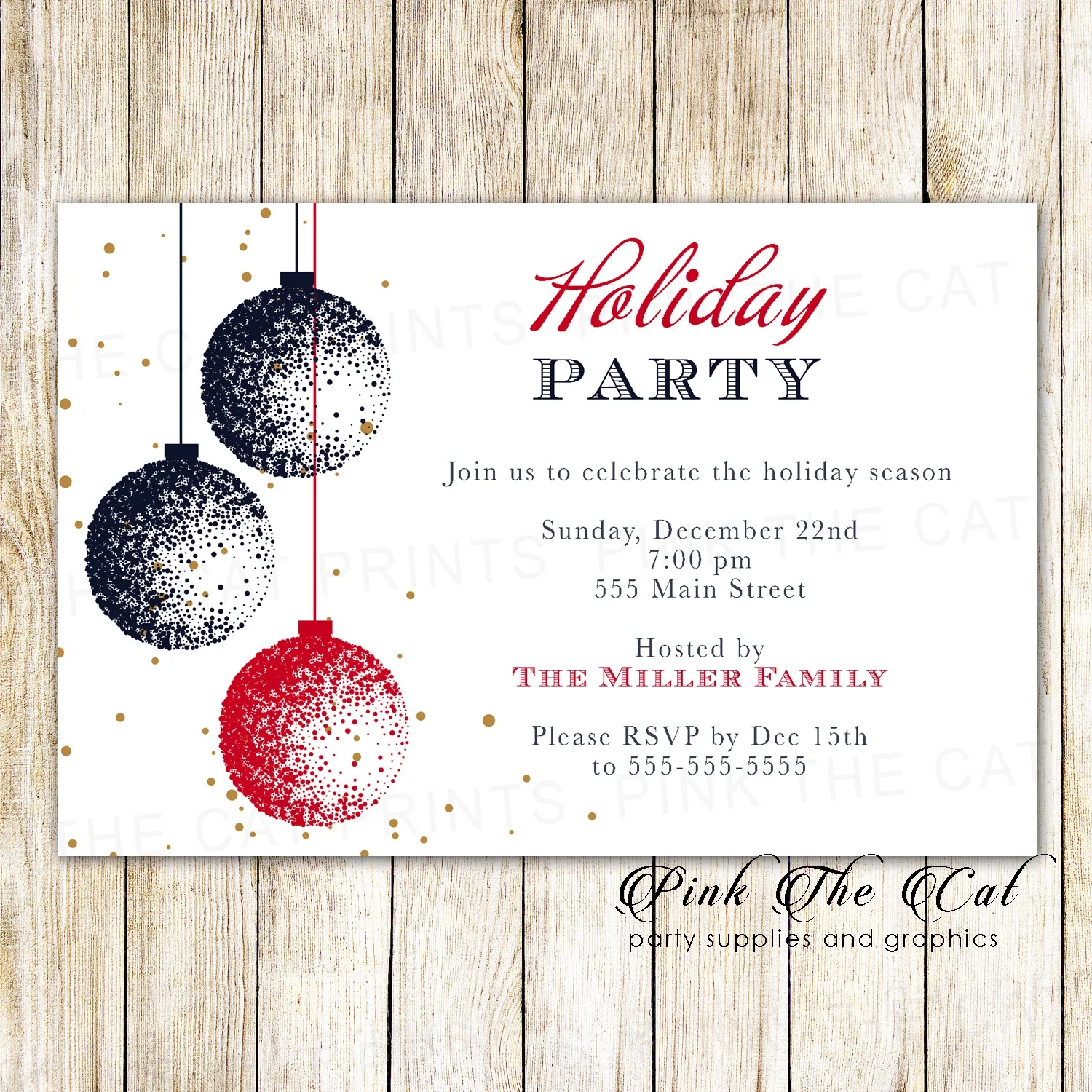Holiday Christmas Party Invitation Ornaments Printable Navy Blue 